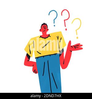 Homme confus avec point d'interrogation. Drôle de dessin animé clipart avec le concept de question. Illustration isolée sur blanc. Dessiner avec la couleur principale. Banque D'Images