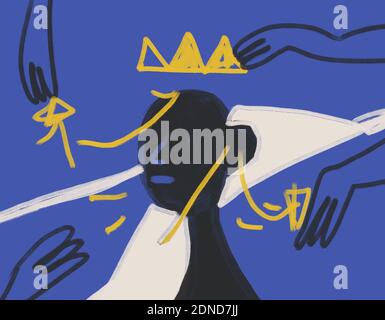Habillez le grand portrait avec la main et la couronne. Expressionisme peinture et art abstrait moderne . La vibe de Basquiat. Art pour l'impression et l'affiche Banque D'Images