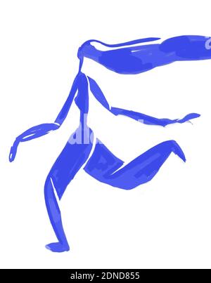 Blue Woman Silhouette running, forme et corps abstrait Henri Matisse style. Expressionisme et Fauvisme Art. Peinture à la main à l'imprimé bleu fin Banque D'Images