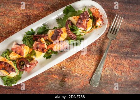 Plateau allongé avec octopus galicien, avec pommes de terre, paprika, huile d'olive sur fond de granit rustique. Concept de cuisine ethnique espagnole. Banque D'Images