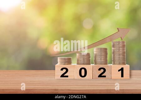 Graphique de l'économie des pièces de monnaie croissance sur les cubes de bois. Succès du concept en 2021 ans. Espace de copie. Banque D'Images