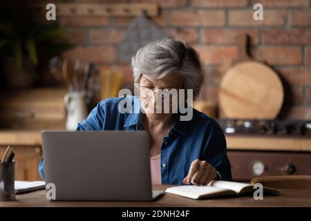 Femme d'âge moyen concentrée dans des lunettes travaillant à distance sur un ordinateur. Banque D'Images