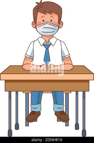 petit garçon étudiant portant un masque médical assis dans le bureau de l'école illustration vectorielle Illustration de Vecteur