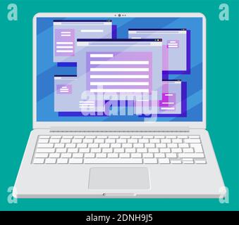 Fenêtre du navigateur sur l'écran de l'ordinateur portable. Interface utilisateur du système d'exploitation, interface graphique utilisateur sur l'ordinateur portable. Logiciel informatique. Dossier documents. Arrière-plan abstrait avec panneaux d'interface utilisateur. Illustration vectorielle plate Illustration de Vecteur