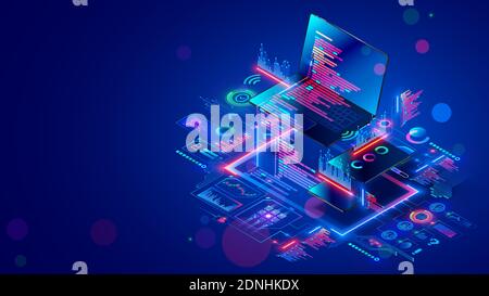 Développement de logiciels pour différents périphériques. Processus d'optimisation, programme de débogage ou code pour ordinateur portable, téléphone, tablette. Adaptation à la création Illustration de Vecteur