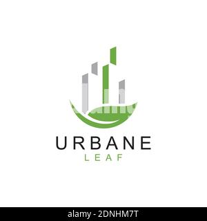 Feuille verte avec silhouette de bâtiments de ville. Concept abstrait de conception pour le thème de l'écologie, agence immobilière, entreprise de bâtiment, paysage urbain, Illustration de Vecteur