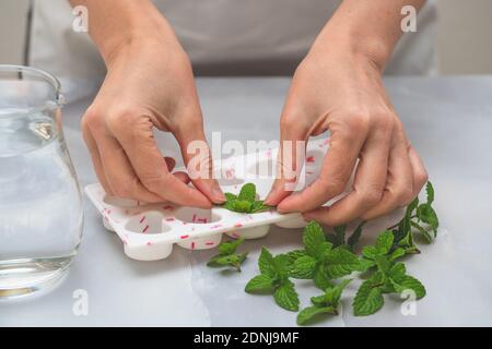 Moules à glace en forme de coeur et feuilles de menthe verte fraîches se rapprochent sur fond de marbre clair. Boissons avec recette de feuilles de menthe congelées Banque D'Images