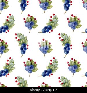 Motif aquarelle brillant sans couture avec baies et branches. Illustration aquarelle sur fond clair. Banque D'Images