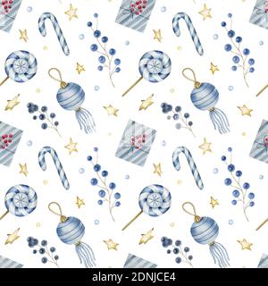 Motif aquarelle sans couture avec le ballon, les bonbons, le lollypop, l'étoile et le cadeau. Illustration aquarelle sur fond clair. Banque D'Images