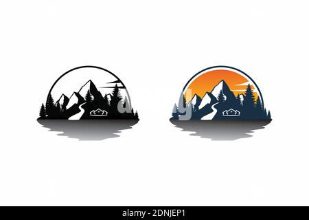 PIN au bord de la rivière avec soleil, symbole d'icône pour le camping ou l'aventure. Illustration de Vecteur