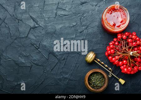 Pot en verre avec confiture et baies de viburnum Banque D'Images