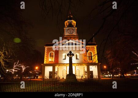 Holy Trinity Church on Clapham Common Lit Up at Night Over Christmas, London UK Stock Photo