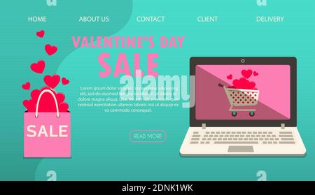 Page de site Web avec un cadeau pour la Saint-Valentin. Photo romantique en rose, turquoise et rouge. Grande réduction et vente pour les vacances de tous les amoureux. Illustration vectorielle pour l'application, le site Web et la bannière publicitaire. Illustration plate sur fond de bois. Image pour les vacances. Illustration de Vecteur