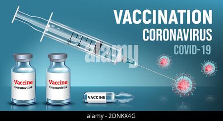 Bannière de vaccination contre le coronavirus Covid-19. Ampoules, flacons de vaccins. Seringue avec injection. illustration vectorielle réaliste 3d Illustration de Vecteur