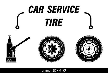 Infographies, service de réparation de voiture. Levage du véhicule, changement saisonnier des pneus, contrôle de la pression des pneus. Ensemble d'icônes vectorielles Illustration de Vecteur