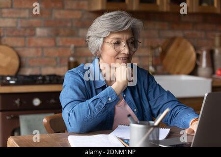 Souriante, femme mûre et plus âgée, dans des lunettes qui travaillent sur un ordinateur. Banque D'Images