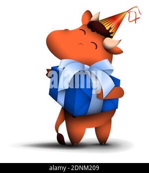 happy little ox, taureau avec boîte cadeau de vacances entre les mains. Cadeaux et surprises pour la nouvelle année 2021 et l'anniversaire. Symbole de 2021 sur le calendrier chinois avec Illustration de Vecteur