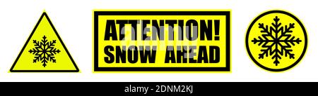 basse température, avertissement neige devant allumé en jaune. Sécurité et avertissement en cas de neige sur route. Jeu de panneaux de danger jaunes noirs. Vecteur isolé Illustration de Vecteur
