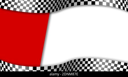 Terminez le drapeau à carreaux noir et blanc en agitant de vent sur fond rouge blanc. Courses automobiles et motos, compétitions sportives, victoire et défaite dans sp Illustration de Vecteur