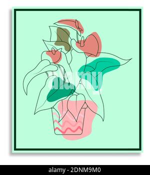 Anthurium. Plante tropicale intérieure en pot de fleurs. Fleurs rouges en forme de coeur avec de larges feuilles vertes. Plantes dans le jardin de batanique. Peinture abstraite dans le cadre Illustration de Vecteur