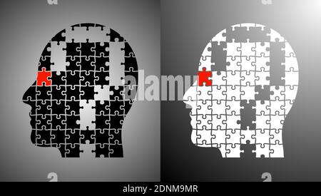 Concept de brainstorming. Résolution de problèmes complexes. Homme fait de pièces de puzzle avec point d'interrogation dans sa tête. Regardez, pensez, faites. Vecteur Illustration de Vecteur