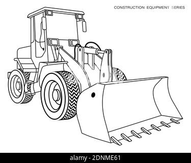 Dessin linéaire enfant pour livre de coloriage. Chargeuse d'équipement de construction, bulldozer linéaire. Machines et équipements industriels. Vecteur isolé activé Illustration de Vecteur