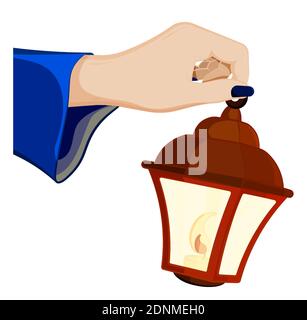 une main femelle de sorcière tient une lanterne avec des bougies allumées à l'intérieur. Célébration d'Halloween en robe de fantaisie. Magie et sorcellerie, rituels. Dessin animé Illustration de Vecteur