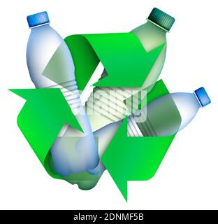 Bouteilles en plastique dans les panneaux fléchés pour le recyclage des déchets, des matières premières usagées. Respect de l'environnement. Technologies vertes modernes. Vecteur isolé sur ba blanc Illustration de Vecteur