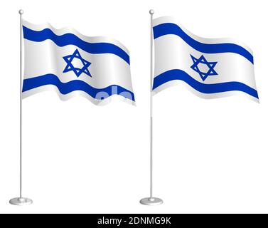 israel flag on flagpole waving in the wind. Holiday design element. Checkpoint for map symbols. Isolated vector on white background Stock Vector