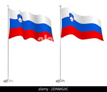 Slovenia flag on flagpole waving in the wind. Holiday design element. Checkpoint for map symbols. Isolated vector on white background Stock Vector