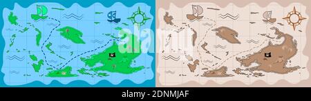 Carte des pirates en style caricature. Jeux pour enfants, chasse au Trésor. Ancienne carte avec itinéraire de chasse au Trésor. Vecteur Illustration de Vecteur
