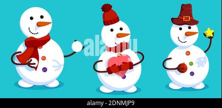 Ensemble de bonshommes de neige gaies en vêtements d'hiver. Arbre de Noël. Paysage d'hiver et bonhomme de neige. Réunion de Noël et du nouvel an. L'hiver s'amuse. Vecteur de dessin animé Illustration de Vecteur