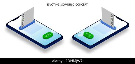 Smartphone avec feuille de vote et bouton de sélection à l'écran. Concept isométrique de vote électronique en ligne. Élection présidentielle américaine 2020. Vecteur Illustration de Vecteur