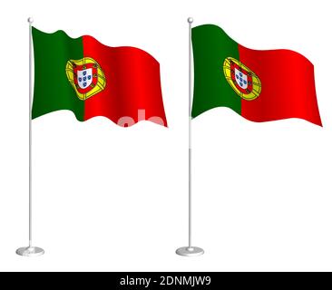 Drapeau du Portugal sur le mât agitant dans le vent. Élément de design des fêtes. Point de contrôle pour les symboles de carte. Vecteur isolé sur fond blanc Illustration de Vecteur