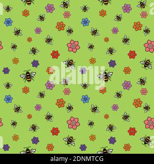 Motif sans couture avec fleurs et abeilles sur fond vert. Illustration du fond d'écran de la nature vectorielle Illustration de Vecteur