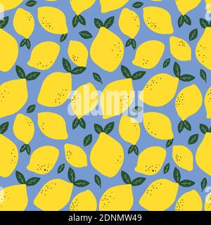 Motif sans couture dessiné à la main avec des citrons frais et des feuilles sur fond bleu. Fond d'écran vectoriel coloré. Motif infini avec agrumes. Déc Illustration de Vecteur