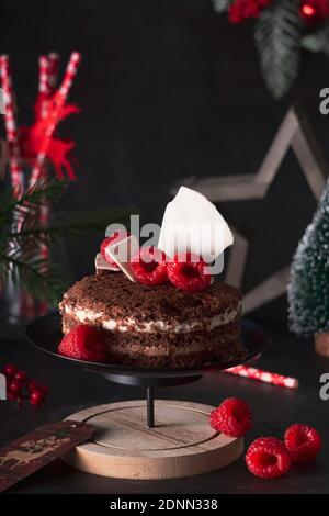 Gâteau de Savoie trois chocolats dans une décoration de Noël avec framboises. Sur fond sombre Banque D'Images