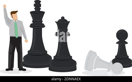 Homme d'affaires de dessin animé gagnant dans un jeu d'échecs géant. Illustration vectorielle créative de la stratégie d'entreprise Illustration schématique vectorielle Illustration de Vecteur
