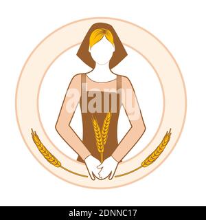 Farmer woman in work clothes holding ears of wheat and empty text banner. Stock Vector