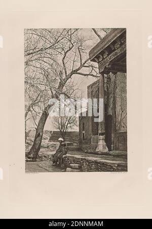 Hachette & Cie, Hugues Krafft, Dujardin, le portique en bois d'une mousse de Samarkand, du livre A travers le Turkestan russe, papier, héliogravure, taille de l'image: Hauteur: 17,10 cm; largeur: 12,30 cm, photographie de voyage, photographie, colonne, piliers (architecture), lieux de culte et objets cultes (portrait) Banque D'Images