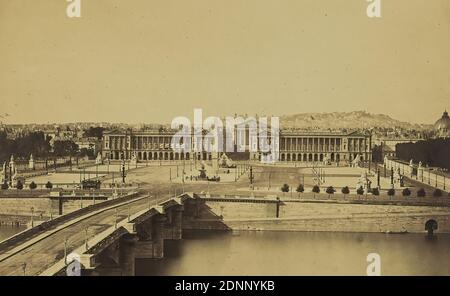 Bisson Frères, Paris, place de la Concorde, papier albumine, procédé positif noir et blanc, taille de l'image: Hauteur: 26,7 cm; largeur: 43,3 cm, inscription: Recto et sur le carton: Empreinte type: BISSON FRÈRES PHOTOG, cachet: Recto et sur le carton: DEPÔT GÉNÉRALE, DE, PHOTOGRAPHIES, 35 BOULEVARD DES CAPUCINES 35, ET RUE REUVE ST. AUGUSTINES, photographie architecturale, rues et places, monument, statue, monuments, fontaines, tours, pont dans une ville sur le fleuve, canal etc, rivière, ville, vue sur la ville (veduta), bâtiment hist., localité, rue, architecture, Paris Banque D'Images