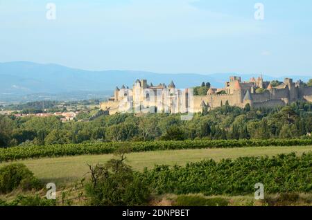 Vue lointaine sur les remparts de la ville historique fortifiée Cité de Carcassonne dans l'Aude Département Occitanie France Banque D'Images