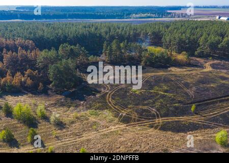 Fumée sur la forêt, vue aérienne de feu sauvage. Terre brûlée et troncs d'arbres après un feu de printemps dans la forêt. Champ noir brûlé. Incident extraordinaire. Con Banque D'Images