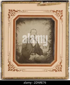 Homme, Daguerréotype, taille de l'image: Hauteur: 7,20 cm; largeur: 6,10 cm, Photographie de portrait, Homme, portrait en demi-longueur, figurine assise Banque D'Images