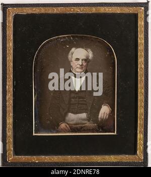 Homme, Daguerréotype, taille de l'image: Hauteur: 7,50 cm; largeur: 8,00 cm, photographie de portrait, homme, portrait en demi-longueur, figure assise Banque D'Images