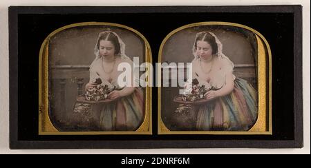 Femme légèrement habillée avec bouquet de fleurs, daguerréotype, couleur main, taille de l'image: Hauteur: 5,70 cm; largeur: 6,80 cm, photographie de portrait, femme, fleurs Banque D'Images