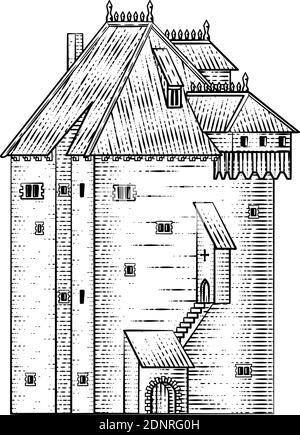 Bâtiment ancien château médiéval de style ancien en bois Illustration de Vecteur