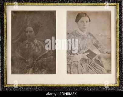 Two young women, daguerreotype, Image size: Height: 6,20 cm; Width: 4,40 cm, stamp of the Staatliche Landesbildstelle Hamburg; portrait photography, woman, half-length portrait, seated figure Stock Photo