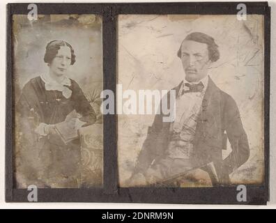 femme et homme, daguerréotype, taille de l'image: hauteur: 7,80 cm; largeur: 4,10 cm, photographie de portrait, femme, homme, portrait en demi-longueur, figure assise Banque D'Images