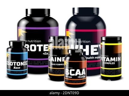 Ensemble de canettes et bocaux de supplément sport. Récipients d'alimentation de sport pour la forme physique et un mode de vie sain. Protéines, lactosérum, Gainer, BCAA, isotonique et vitamines Illustration de Vecteur